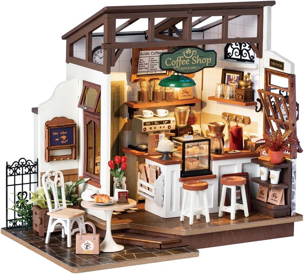 Rowood Coffee Miniature House Kit, DIY Miniature Dollhouse Kits Gifts for Adults to Build, Wooden Adults Crafts, Mini Model Kits with LED, Birthday for Adult (NO.17 Cafe)