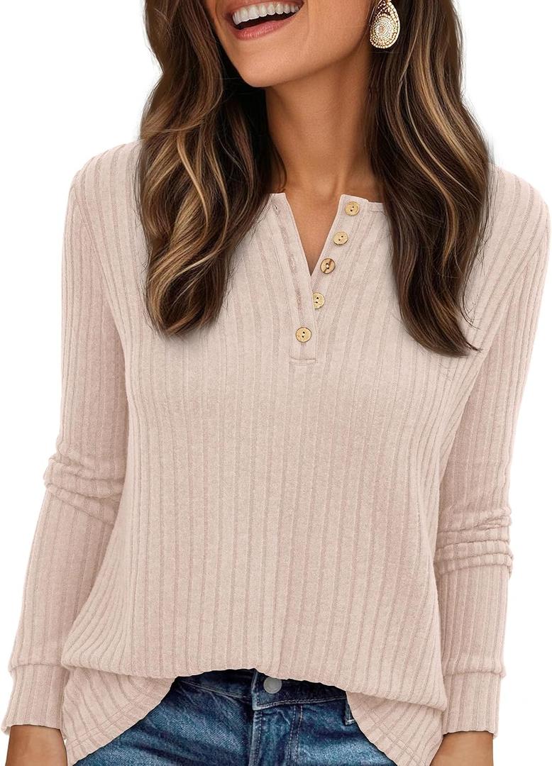 PRETTYGARDEN Women's Long Sleeve Henley Shirts 2026 Spring Casual Ribbed Tunic Tops Lightweight Sweaters Fashion Clothing (Beige, M)