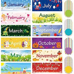 Zonon 48 Pieces Holiday Monthly Headliners Set 12 Months of The Year Headers Seasonal Monthly Bulletin Board Borders with 36 Round Blank Confetti Cutouts(Cute Style)