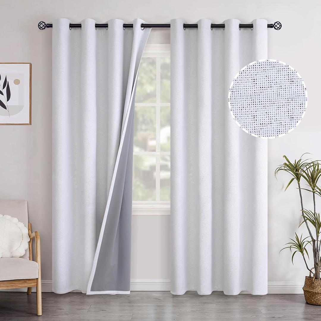 reyish WhiteYoungsTex Linen Blackout Curtains 84 Inch Length for Bedroom, Room Darkening Drapes with Grommet Energy Saving for Living Room Summer Heat, 2 Panels 52 X 84 Inch, 