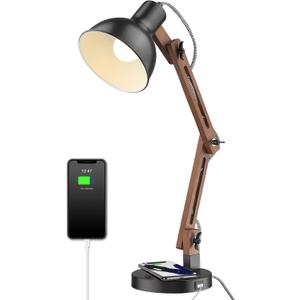 ELYONA Modern LED Desk Lamp with Upgraded Wireless Charger & USB-C Charging Port Sapele Wood Table Lamp Swing Arm Bedside Reading Task Light for Dorm Office Bedroom Living Room Bulb Included Black