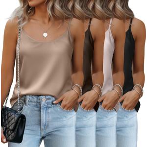 2 Pack Women's Silk Satin Tank Tops Camisole Sleeveless Spaghetti Adjustable Straps Vest Crewneck Cami Blouse (XL, Coffee, Khaki)