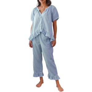 Argeousgor Women Plaid 2 Piece Pajama Set Button Down Puff Sleeve Babydoll Shirt Gingham Pants Pj Lounge Set Sleepwear (Large)