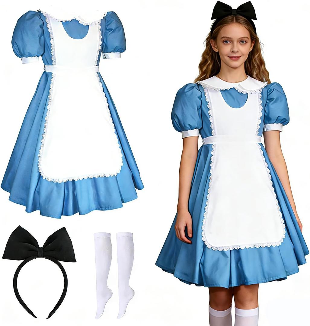 IMISHM Halloween Cosplay Costume Halloween costume for Girl Blue Dress White Apron With Bow HeadBand Stockings (13)