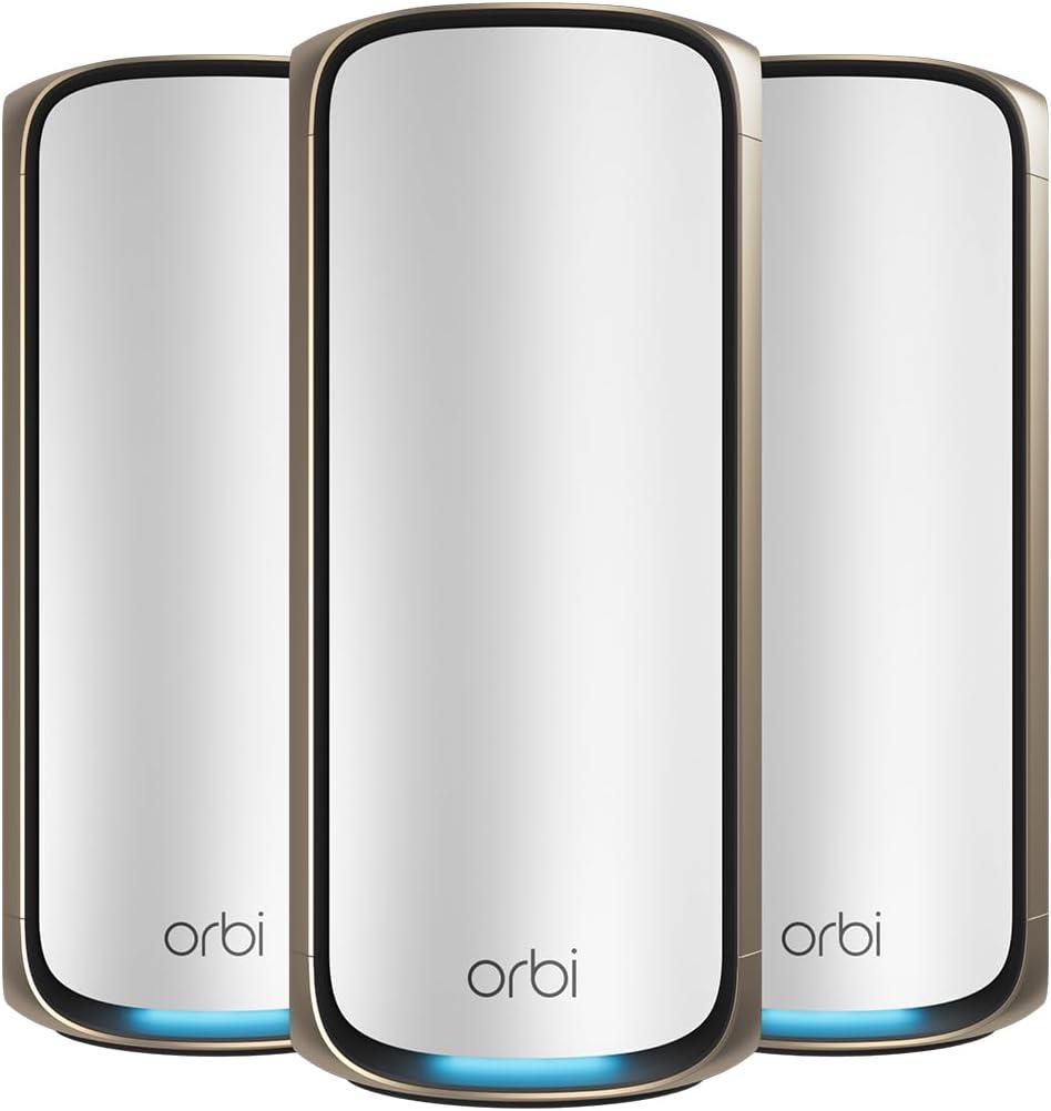 NETGEAR Orbi 970 Series Quad-Band WiFi 7 Mesh Network System (RBE973S), Router + 2 Satellite Extenders, Security Features, Up to 27Gbps, Covers Up to 10,000 sq. ft., 200 Devices, 10 Gig Internet Port