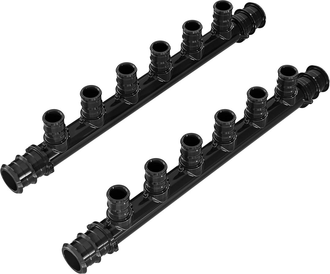 PEX A Manifold 6 Ports  3/4" Trunk Ports, 1/2" Service Ports, Two Sides Open  Plastic PEX-A Expansion Manifold for Radiant Heating & Water Distribution  Pack of 2 (3/4" Trunk Ports - Two Sides Open, 1/2" 6 Ports)