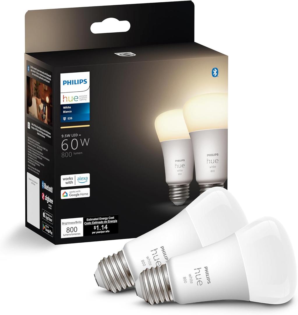 Philips Hue Smart 60W A19 LED Bulb - Soft Warm White Light - 2 Pack - 800LM - E26 - Indoor - Control with Hue App - Works with Alexa, Google Assistant and Apple Homekit