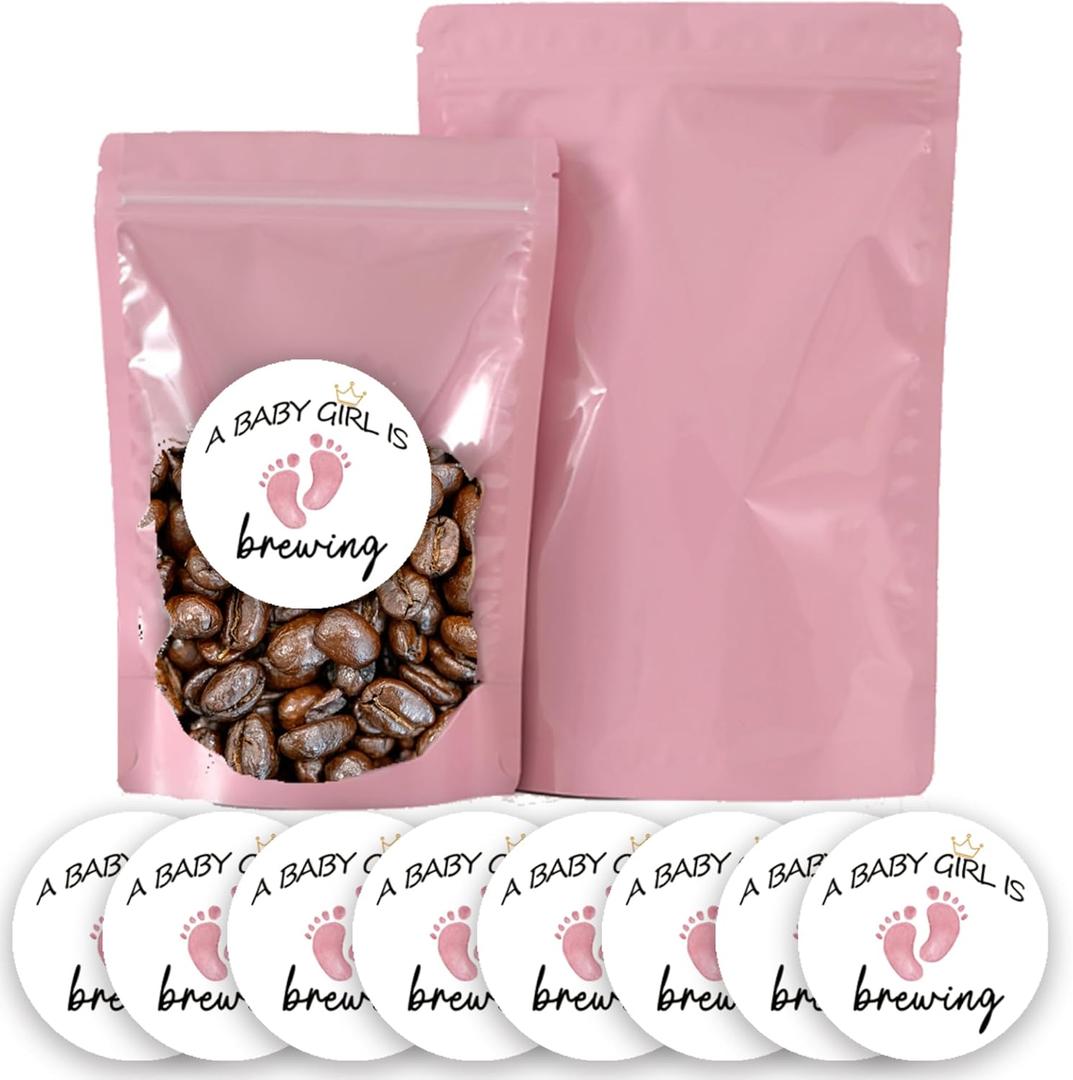50 Set A Baby Is Brewing Coffee Favor Bag, Coffee Baby Shower Favor Bags, Stand up Zip Pouches Treat Bags for Gender Reveal, Donuts Goodie Candy Gifts Supplies, Baby Shower Decorations (pink)