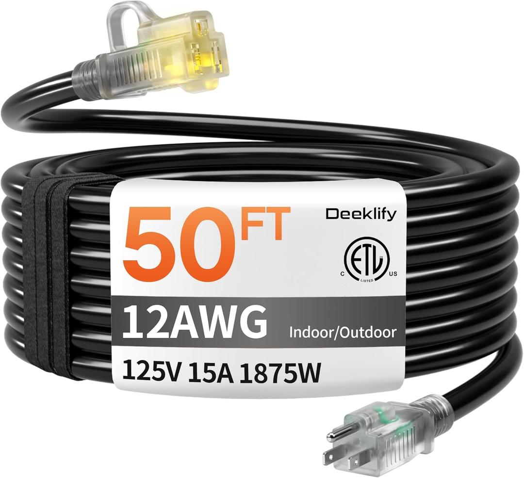 12 Gauge 50 FT Heavy Duty Outdoor Extension Cord Waterproof with Lighted End,Black 12 Gauge Extension Cord Flexible and Cold Resistant 3 Prong Grounded Plug,15Amp 1875W SJTW ETL Listed