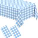 2 Pack Light Blue Gingham Tablecloth Rectangular Pale Blue and White Checkered Tablecloths Disposable Plastic Plaid Table Cover for Parties, Outdoor Picnic, Birthday, Wedding, Camping
 137x247 cm