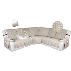 HDCAXKJ 100% Waterproof Reclining Sectional Couch Covers L Shape Recliner Sofa Cover Washable Quilted Soft Pet Dog Corner Recliner Slipcovers with Pockets (5 Seat and 1 Middle Console, Stone)