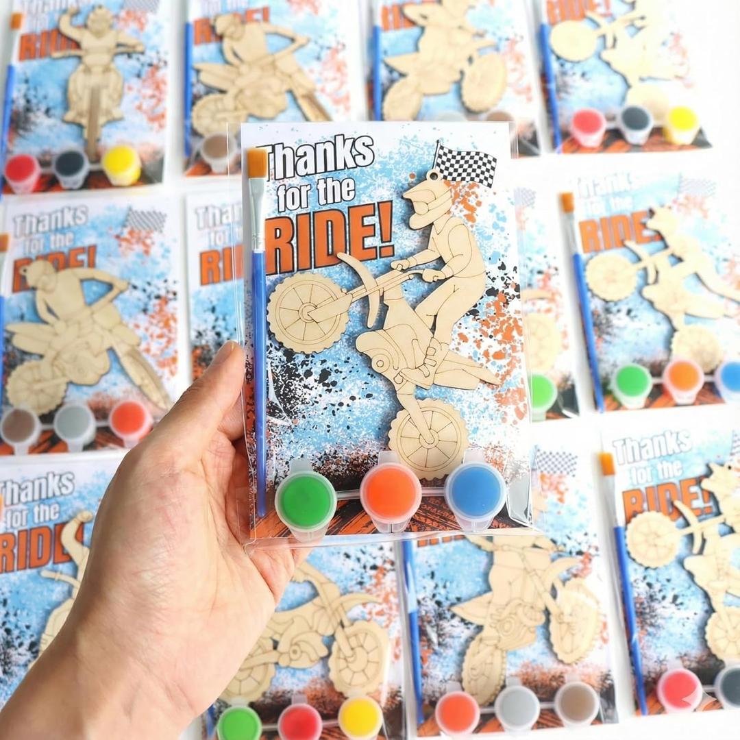 12 Pack Dirt Bike Party Favors for Kids  Individually Wrapped Paint-Your-Own Motorcycle Wooden Hanging Craft Kit, Perfect for Race-Themed Parties & Classroom Activities