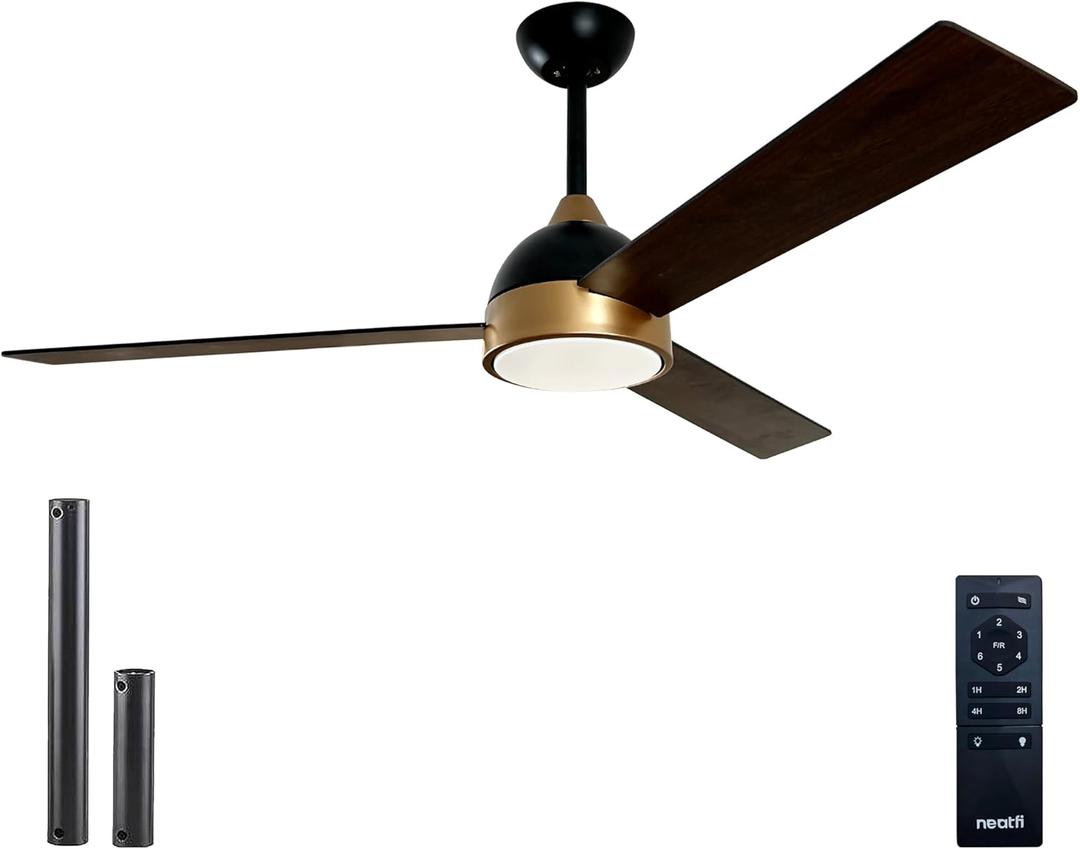 Neatfi 52-inch Ceiling Fans with Lights & Remote Control  Quiet Reversible DC Motor, Down Rod, Living Room, Kitchen & Bedroom Ceiling Fan with 3 Adjustable Light Modes (Black, 52 Inches)