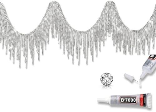Rhinestone Fringe Belt with Beaded Fringe Trim & Rhinestone Ribbon Tassel Chain for DIY Decoration (Silver, 4 Yard)