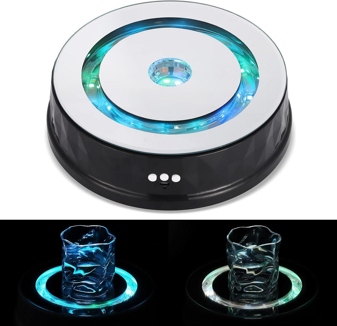 Rotating Display Stand 9inch/17.6lb LED Colorful Light 360 Degree Motorized Turntable Mirror Base Stand for Cup Crystal Glass Spherical Jewelry Display Party Decoration