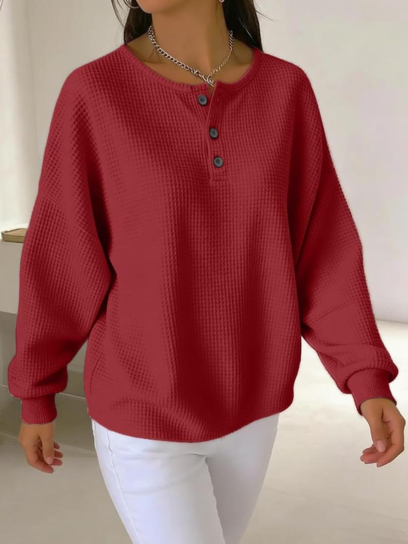 Waffle Knit Henley Top Loose Fit Long Sleeve Casual Blouse for Women Everyday Wear Red, Size L
