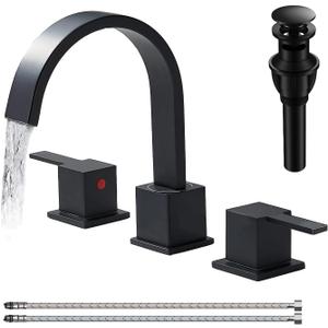 Modern Matte Black Bathroom Faucet 3 Hole,8 Inch Widespread Bathroom Sink Faucet with Pop-Up Drain and Supply Lines,Two Handles for RV, Lavatory, Farmhouse
