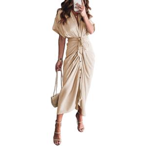 Women Elegant Satin Button Down Short Sleeve Maxi Shirt Dress with Belt (Beige)