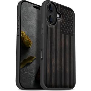 Carveit Magnetic Wooden Case for iPhone 17 Case, Wood Artisan Engraved & Black Soft TPU Shockproof Cover, Compatible with MagSafe Wireless Chargers (The Classic American Flag)