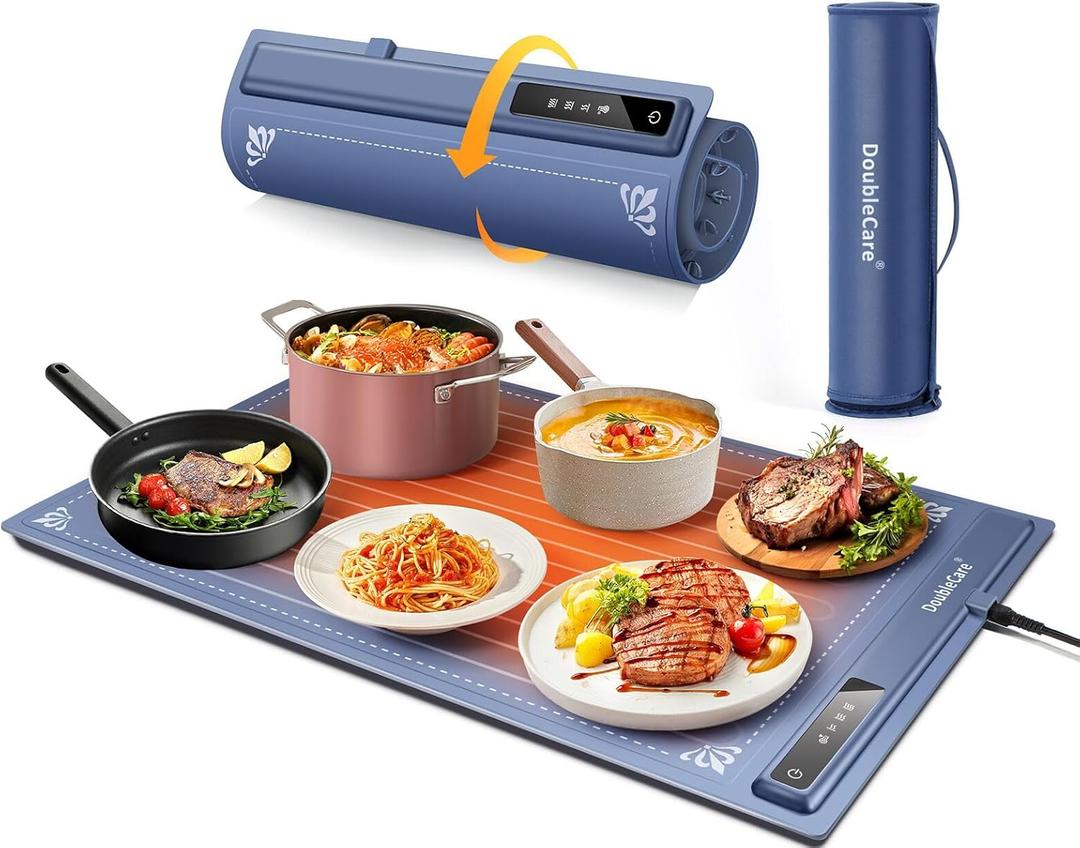 DoubleCare Silicone Heating Mat for Food, 2025 New Electric Heating Tray Roll up with 3 Temperature Settings, Portable Fast Heating Mat for Parties, Buffets party, Restaurants, Home Everyday Use, Gift, Navy-Blue