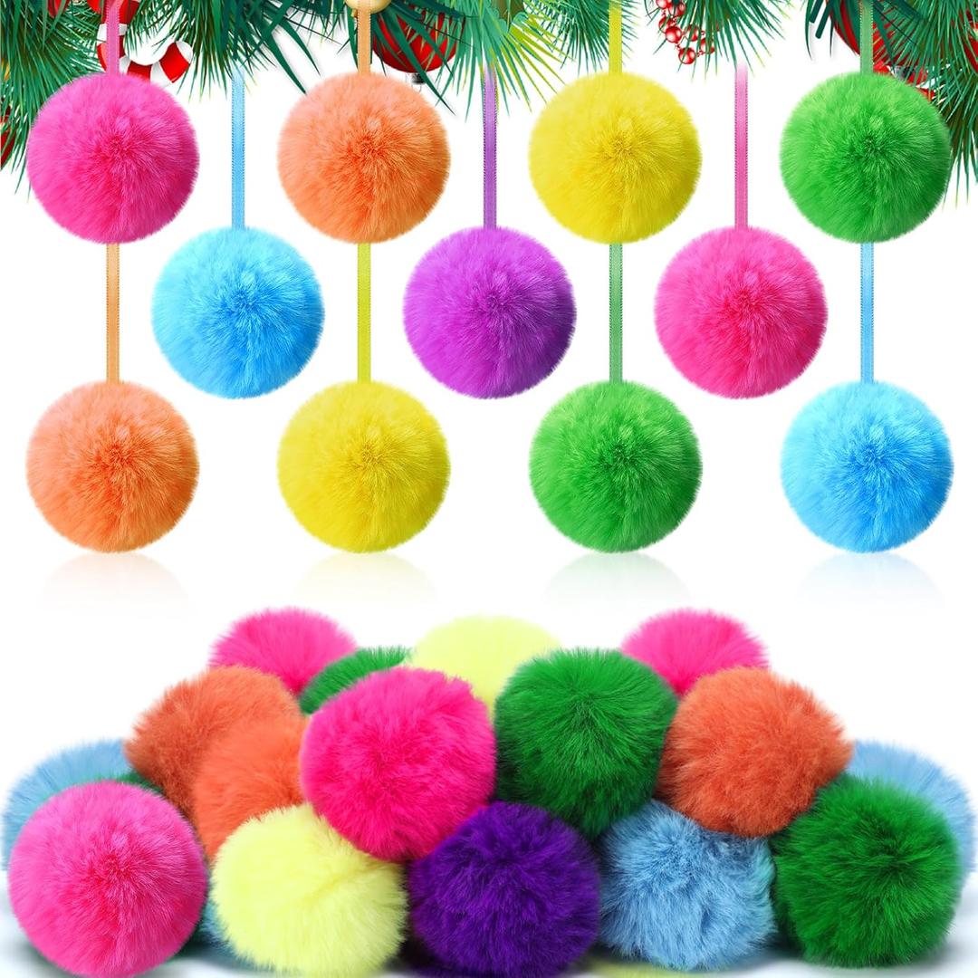 ShinyRelief 48 Pcs 3.1 Inch Neon Furry Christmas Balls Ornaments Faux Fur Pom Poms Balls Christmas Tree Round Hanging Decoration for Party Supplies Holiday Office Fireplace Mantel Home Wall Decor