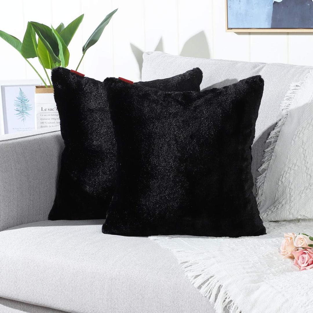 MANDIOO Pack of 2 Black Faux Fur Fuzzy Cozy Soft Decorative Throw Pillow Covers Set Cushion Cases Pillowcases for Sofa Bedroom Car 22x22 Inches (22" x 22" (Pack of 2))