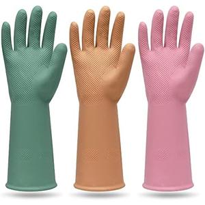 MAMISON 3 Pairs Colorful Reusable Waterproof Household Dishwashing Cleaning Rubber Gloves, Non-Slip Kitchen Glove L