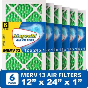 Maycold MERV 13 12x24x1 Air Filter (6-Pack), High-Efficiency Pleated AC & Furnace Filters, Actual Size: 11.70" x 23.70" x 0.75", Individually Wrapped in Plastic
