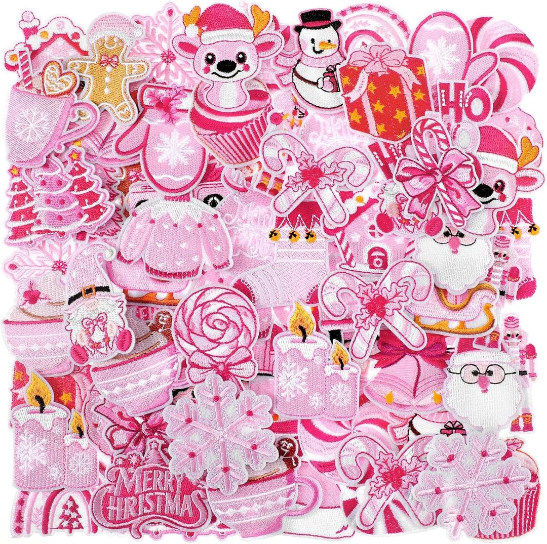Zeyune 72 Pcs Pink Christmas Iron on Patches, Cartoon Cute Santa Claus Snowflakes Xmas Tree Sew on Patches Embroidered Applique DIY Crafts for Clothing Jackets Hat Backpack Christmas Decor Gifts