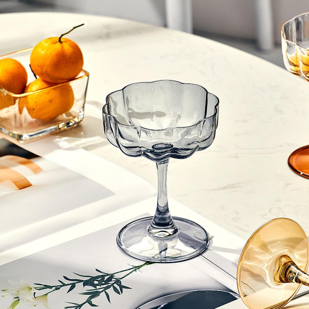 Unique Stemmed Goblet Drinking Cups,Flower Vintage Wavy Petals Wave Glass Coupes 7oz Colorful Cocktail 2 pack