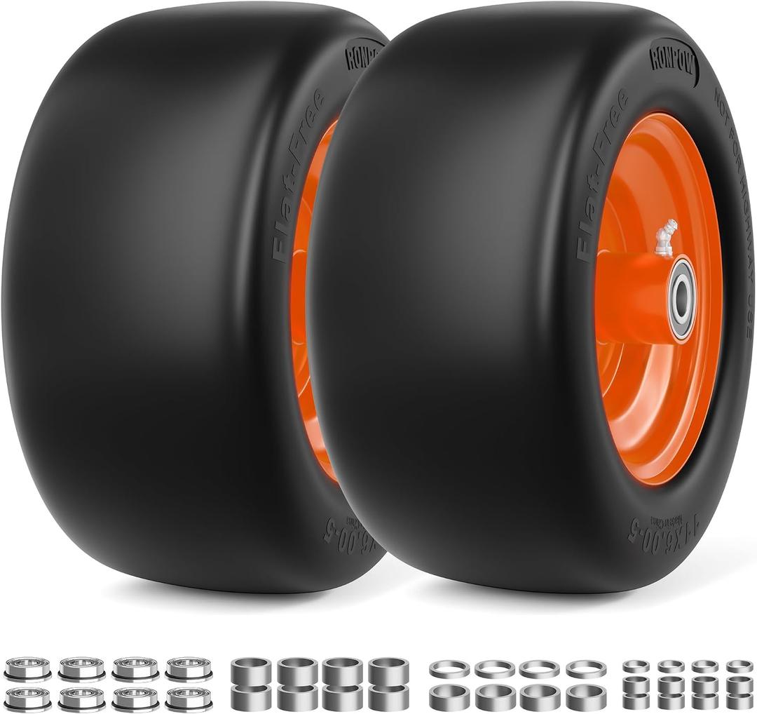 RONPOW 11x6.00-5 Flat Free Lawn Mower Tire and Wheel, 11x6x5 Solid Front Tires for Zero Turn Mower, 400Lbs Load, 3/4", 5/8" and 1/2" Bearings, 5.31"-7.71" Hub for Residential Commercial, 2Pack Orange