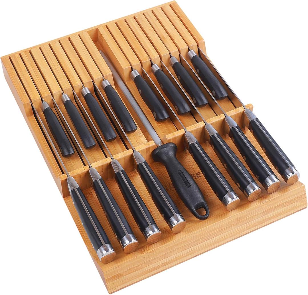 Utoplike In-drawer Knife Block Bamboo Kitchen Knife Drawer Organizer Large, handle Steak knife Holder without Knives, Fit for 16 Knife and 1 Sharpening Steel (Knives & Sharpening Not Included)