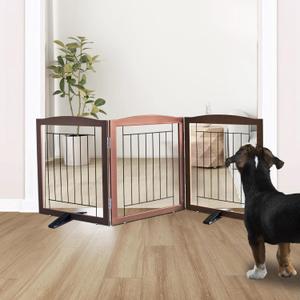 ZJSF Freestanding Dog Fence Indoor, Foldable Dog Gate for Doorways, Stairs or Hallways, Sturdy Wood Extra Wide Pet Gate with Support Feet for The House, Brown, 24 "Height-3 Panels
