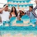 Beach Party Supplies, 142Pcs Ocean Waves Birthday Party Supplies Tableware Set Summer Pool Party Decorations Plates,Cups,Napkins,Banner,Tablecloth for Hawaiian Party Birthday Decorations
