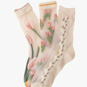 Verdusa Women's 3 Pairs Sheer Mesh Socks Floral Thin Socks