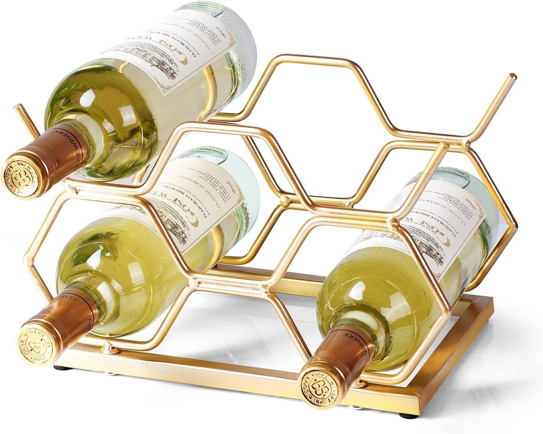 Countertop Wine Rack - 5 Bottle Freestanding Modern Gold Metal Small Wine Rack - Tabletop Wine Holder Stand for Cabinet, Pantry, Wine Bottle Storage