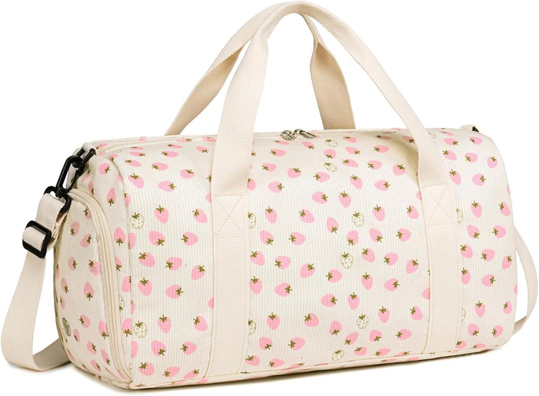 BLUBOON Duffle Bag Girls Kids Cute Gym Bag with Shoes Compartment & Wet Separation Waterproof Sports Overnight Travel Bag (Strawberry Corduroy Beige), 18.1L x 8.7W x 9.1H