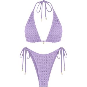 ZAFUL Women's Triangle Bikini Multiway Fishnet Tie Side Bandeau Halter String Bikini Set Two Piece Swimsuit Bathing Suits (1-light Purple) S