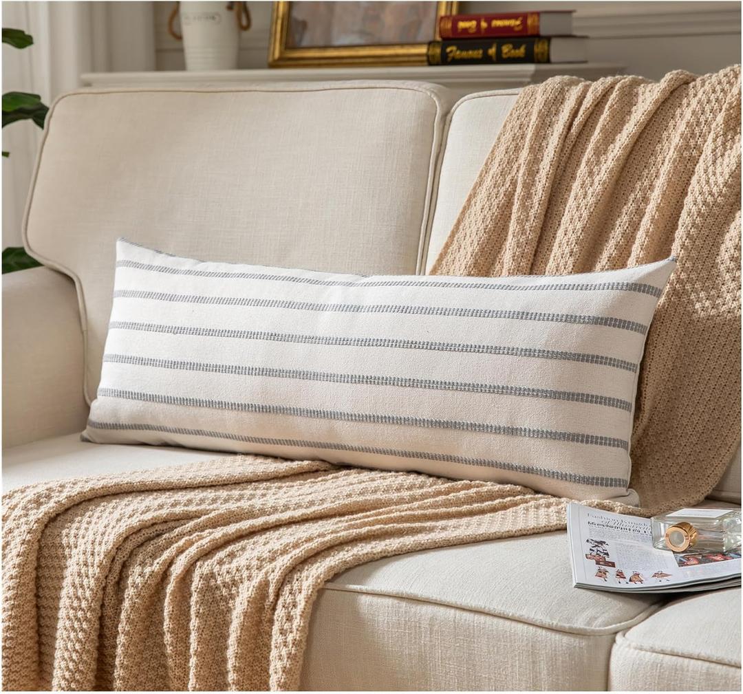 Boho Lumbar Throw Pillow Cover 14X36 Long Soft Farmhouse Decorative Couch Pillow Cases Grey Striped Body Pillow Covers Neutral Cushion Covers for Sofa Bed Living Room Home Decor Pack of 1