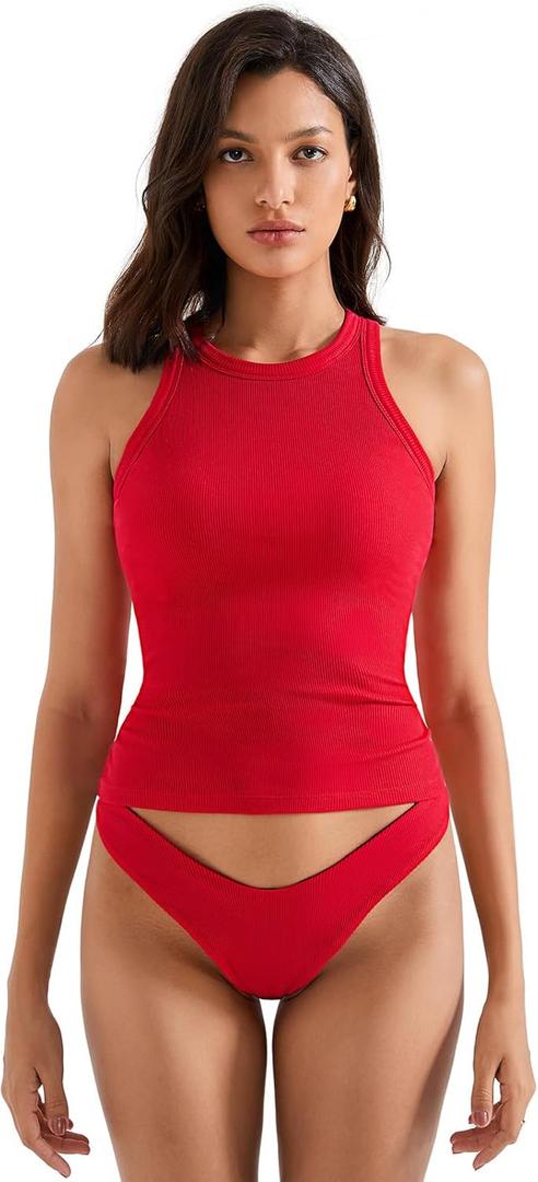 SUUKSESS Women Padded Cotton Ribbed Tank Tops High Neck Racerback Basic Tops (Red, S)