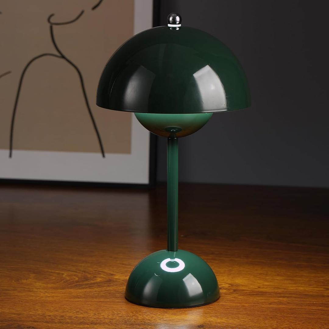 Dark Green Mushroom Table Lamp - 3 Color Stepless Dimmable Touch, Rechargeable Battery Operated Portable LED, Small Bedside Night Light for Indoor Outdoor