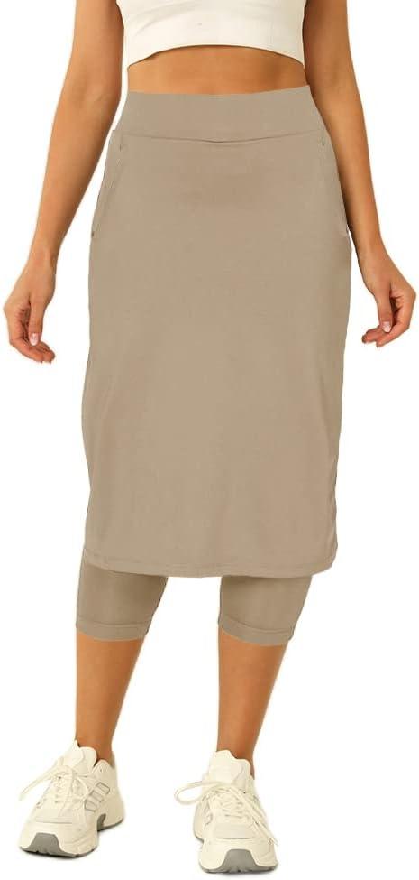 Aurgelmir Womens Tennis Skirt with Capris Leggings Golf Knee Length Skorts Athletic Long Skirts for Women with Pockets (Beige)