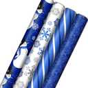 Image Arts Blue Christmas Wrapping Paper with Cut Lines on Reverse (4 Rolls: 120 sq. ft. ttl) Snowmen, Snowflakes, Blue and White Stripes