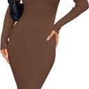 Women's Sexy Bodycon Long Sleeve Midi Dress Scoop Neck Ribbed Knit Cocktail Party Club Dresses (Coffee) S