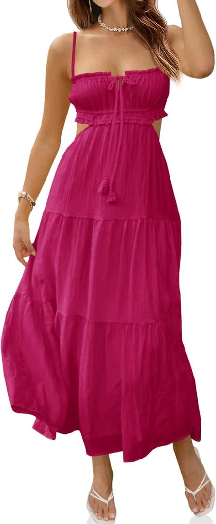 Fisoew Women's Spaghetti Strap Maxi Dress Summer Sleeveless Side Cut Out Dress Casual Boho Backless Flowy Long Dresses X-Small,