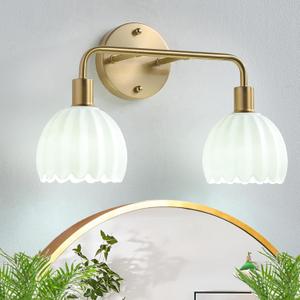 2-Light Gold Brass Bathroom Light Fixture,Wall Sconces,Brushed Gold Vanlity Light Over Mirror,Bathroom Vanity Light with Milk White Glass Flower Shade,E26 Socket(Bulbs Not Included)