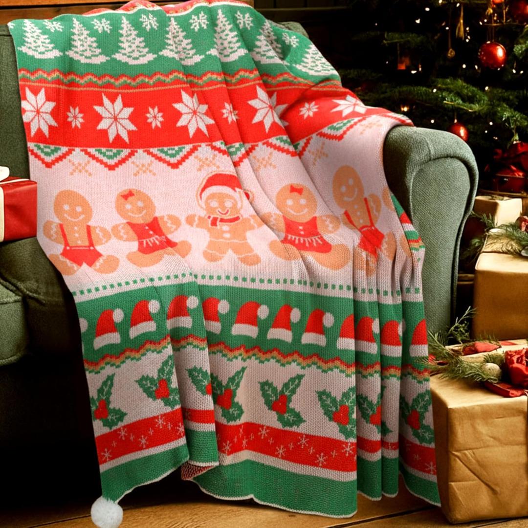 Newwiee Christmas Throw Blanket 50" x 60" Soft Knit Throw Blanket for Bed Couch Sofa Living Room, Travel Lightweight Warm Decorative Holiday Theme Home Christmas Decor Gift (Gingerbread Man)