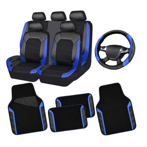 CAR PASS Air Mesh Leather Car Seat Covers Full Set, Waterproof Car Floor Mats, Sporty Steering Wheel Cover 14.5-15in, Universal Fits for 95% Cars Truck SUV (Black and Blue)