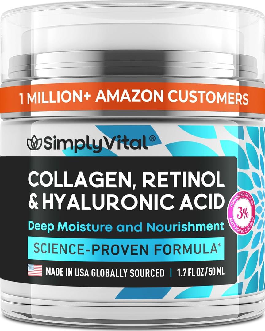 SimplyVital Collagen, Retinol & Hyaluronic Acid Cream - Anti-Aging Face Moisturizer for Face, Firming Skin Care Neck & Dcollet - Made in USA, Daily Moisturizer Face Cream Day & Night - 1.7 fl.oz. SimplyVital Collagen, Retinol & Hyaluronic Acid Cream - Anti-Aging Face Moisturizer for Face, Firming Skin Care Neck & Dcollet - Made in USA, Daily Moisturizer Face Cream Day & Night - 1.7 fl.oz.