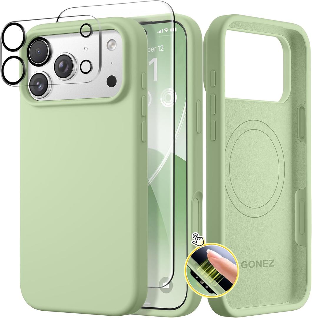 GONEZ Magnetic for iPhone 17 Pro Case, Compatible with MagSafe, [Screen Protector + Camera Lens Protector], Liquid Silicone Anti-Scratch Shockproof Protective Phone Case 6.3 inch, Green